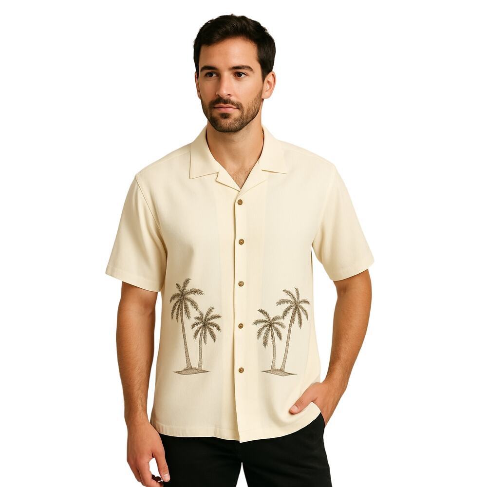 Back Bay Men’s Palm Tree Embroidered Camp Shirt – Size L – White